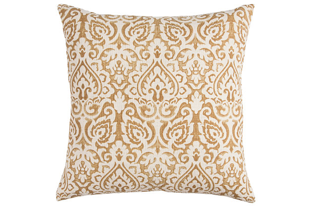 This distressed damask print pillow lends a stylishly relaxed traditional flair to any decor. Paired with a solid or ticking stripe, this damask can bring urban farmhouse or cottage character to your most comfortable nestling places. 100% cotton  | Distressed print pattern  | Coordinating solid back  | An easy style update for your space | Mix and match for a winning combination | Yellow  | Polyfill | Imported