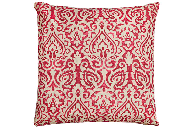 This distressed damask print pillow lends a stylishly relaxed traditional flair to any decor. Paired with a solid or ticking stripe, this damask can bring urban farmhouse or cottage character to your most comfortable nestling places.100% cotton | Distressed print pattern | Coordinating solid back | An easy style update for your space | Mix and match for a winning combination | Red | Polyfill | Imported