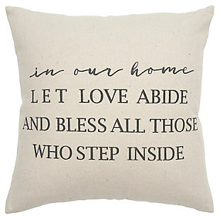This pillow expresses a recognition and appreciation for hospitality expressed in ones home. The Single color print and natural fabric blend beautifully with all casual decors.100% cotton | Single color print | Modern fonts | Solid back | Removable cover | Gray | Polyfill | Imported