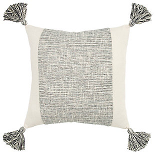 This pillow is part of the Donny Osmond Home Collection. This pillow features a color blocked construction and BOTH weaves featured take center stage. The central block is tonal in grays and naturals and uses different yarn thicknesses to create slubs that are so beautifully random and organically placed. The other block is a flatter woven cotton whose weave also yields subtle dimension and soft stripe patterning. An ever so light brushing brings all the softness of BOTH cotton applications to center stage. Four chunky two-color blended tassels accent the corners of this knife edged wonder. A solid natural coordinating back features a hidden zipper closure for ease of fill.Cotton | Woven color block inset | Soft textured cotton | Four corner tassels | Machine wash cold, gentle cycle,  tumble dry low, do not bleach | Gray | Polyfill | Imported