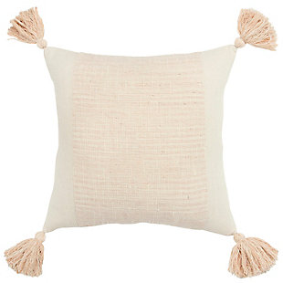 This pillow is part of the Donny Osmond Home Collection. This pillow features a color blocked construction and BOTH weaves featured take center stage. The central block is tonal in blush and ivory and uses different yarn thicknesses to create slubs that are so beautifully random and organically placed. The other block is a flatter woven cotton whose weave also yields subtle dimension and soft stripe patterning. An ever so light brushing brings all the softness of both cotton applications to center stage. Four chunky two-color blended tassels accent the corners of this knife edged wonder. A solid natural coordinating back features a hidden zipper closure for ease of fill.Cotton | Woven color block inset | Soft textured cotton | Four corner tassels | Machine wash cold, gentle cycle,  tumble dry low, do not bleach | Pink | Polyfill | Imported