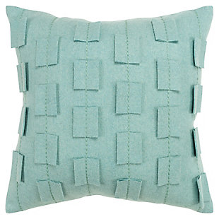 This pillow is part of the Donny Osmond Home Collection. This delightfully soft felted face is accented with dimensional self-felted shapes that are off-set in rows to show as a stripe. These shapes are then secured by a running rice embroidery stitch so the embroidery doubly accentuates the striped patterning. This pillow is a wonderful study in a single color textural design with dramatic lift and impact. The back of this knife edged pillow is a soft coordinating solid cotton and features a hidden zipper closure for ease of fill. This pillow is reminiscent of the beautifully crafted suits of the 1960’s and the fashion icons of that era, beautifully recaptured for today’s home fashion.Wool | Felted face | Felted tabs inset into seam | Dimensional felt accents | Dry clean only | Blue | Polyfill | Imported