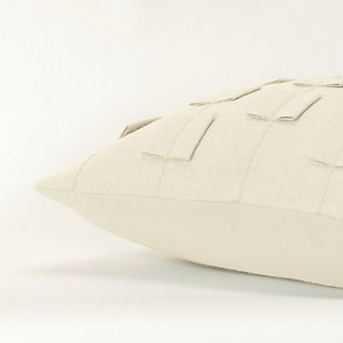 This pillow is part of the Donny Osmond Home Collection. This delightfully soft felted face is accented with dimensional self-felted shapes that are off-set in rows to show as a stripe. These shapes are then secured by a running rice embroidery stitch so the embroidery doubly accentuates the striped patterning. This pillow is a wonderful study in a single color textural design with dramatic lift and impact. The back of this knife edged pillow is a soft coordinating solid cotton and features a hidden zipper closure for ease of fill. This pillow is reminiscent of the beautifully crafted suits of the 1960’s and the fashion icons of that era, beautifully recaptured for today’s home fashion.Wool | Felted face | Felted tabs inset into seam | Dimensional felt accents | Dry clean only | White | Polyfill | Imported