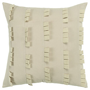 This pillow is part of the Donny Osmond Home Collection. Solid cotton, stitched in panels creates a tonal textural look that is magnificent in its pattern play. This frivolity shows as a stripe. Knife-edged, the back of this pillow is the same solid cotton and features a hidden zipper closure for ease of fill.Cotton | Felted tabs | Offset tab placement creates linear dimension | Solid coordinating back | Dry clean only | Gray | Polyfill | Imported