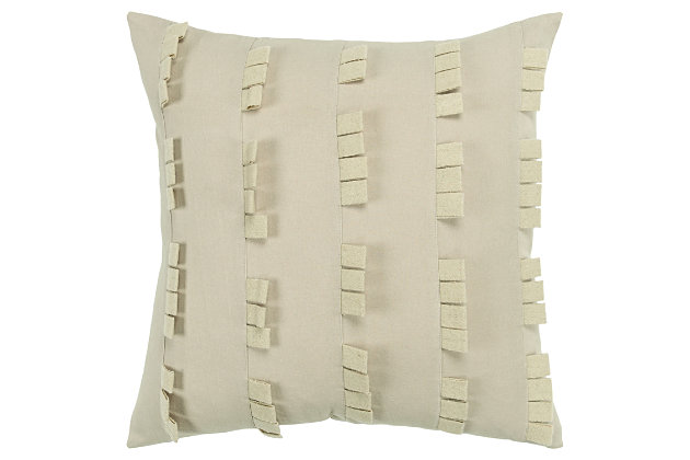 This pillow is part of the Donny Osmond Home Collection. Solid cotton, stitched in panels creates a tonal textural look that is magnificent in its pattern play. This frivolity shows as a stripe. Knife-edged, the back of this pillow is the same solid cotton and features a hidden zipper closure for ease of fill.Cotton | Felted tabs | Offset tab placement creates linear dimension | Solid coordinating back | Dry clean only | Gray | Polyfill | Imported