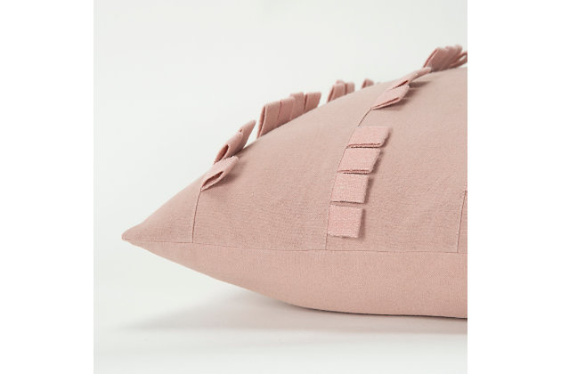 This pillow is part of the Donny Osmond Home Collection. Solid cotton, stitched in panels creates a tonal textural look that is magnificent in its pattern play. This frivolity shows as a stripe. Knife-edged, the back of this pillow is the same solid cotton and features a hidden zipper closure for ease of fill.Cotton | Felted tabs | Offset tab placement creates linear dimension | Solid coordinating back | Dry clean only | Pink | Polyfill | Imported
