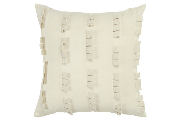 This pillow is part of the Donny Osmond Home Collection. Solid cotton, stitched in panels creates a tonal textural look that is magnificent in its pattern play. This frivolity shows as a stripe. Knife-edged, the back of this pillow is the same solid cotton and features a hidden zipper closure for ease of fill.Cotton | Felted tabs | Offset tab placement creates linear dimension | Solid coordinating back | Dry clean only | White | Polyfill | Imported