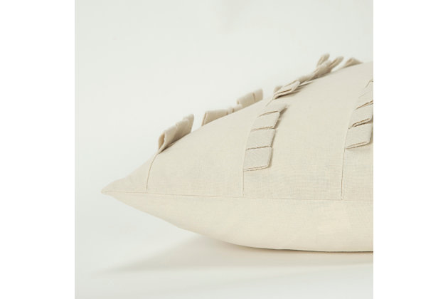 This pillow is part of the Donny Osmond Home Collection. Solid cotton, stitched in panels creates a tonal textural look that is magnificent in its pattern play. This frivolity shows as a stripe. Knife-edged, the back of this pillow is the same solid cotton and features a hidden zipper closure for ease of fill.Cotton | Felted tabs | Offset tab placement creates linear dimension | Solid coordinating back | Dry clean only | White | Polyfill | Imported