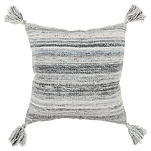 Knife edged, this pillow features woven patterning that works as a solid in your indoor or covered outdoor living space. Four corner tassels add charm and whimsey to this contemporary styling. Shades of neutrals allow this pillow to work beautifully with many sling or woven patterned outdoor or indoor upholstered sofa groups. This pillow features a hidden back zipper closure for ease of fill. Suitable for outdoor use.Polyester | Indoor or covered outdoor use | Water resistant | Solid coordinating back | Machine wash cold, gentle cycle,  tumble dry low, do not bleach | Gray | Polyfill | Imported