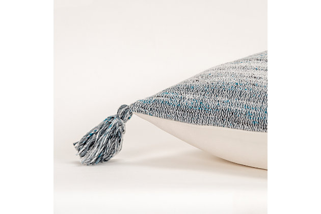 Knife edged, this pillow features woven patterning that works as a solid in your indoor or covered outdoor living space. Four corner tassels add charm and whimsey to this contemporary styling. Shades of neutrals allow this pillow to work beautifully with many sling or woven patterned outdoor or indoor upholstered sofa groups. This pillow features a hidden back zipper closure for ease of fill. Suitable for outdoor use.Polyester | Indoor or covered outdoor use | Water resistant | Solid coordinating back | Machine wash cold, gentle cycle,  tumble dry low, do not bleach | Blue | Polyfill | Imported