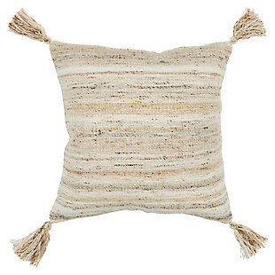 Knife edged, this pillow features woven patterning that works as a solid in your indoor or covered outdoor living space. Four corner tassels add charm and whimsey to this contemporary styling. Shades of neutrals allow this pillow to work beautifully with many sling or woven patterned outdoor or indoor upholstered sofa groups. This pillow features a hidden back zipper closure for ease of fill. Suitable for outdoor use.Polyester | Indoor or covered outdoor use | Water resistant | Solid coordinating back | Machine wash cold, gentle cycle,  tumble dry low, do not bleach | Brown | Polyfill | Imported