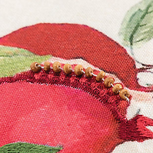 Pomegranates with botanical accents bring vibrant color and energy to this pillow. Embroidered accents and the planting of small coconut hand applied beading give this pillow artistical appeal. Knife edged, this pillow has a matching solid back with a hidden zipper closure for ease of fill and cleaning.Cotton | Digital print | Embroidered accents | Hand beaded accents | Spot clean only | Red | Polyfill | Imported