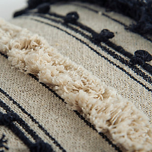 Rows of textural fringing with embroidered applied accents and braided applied accents give this pillow an organic artisinally-crafted look. Lots of soft texture allow this black and natural pillow to become a basic part of modern industrial, modern farmhouse, coastal naturals and boho style genres. The solid coordinating cotton back features a hidden zipper closure for ease of fill and cleaning.Cotton | Embroidered accented texturing | Eyelash fringe | Knife edged | Spot Clean Only | Black | Polyfill | Imported