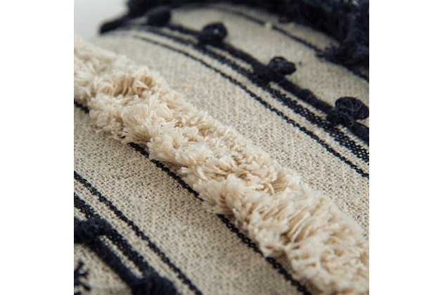 Rows of textural fringing with embroidered applied accents and braided applied accents give this pillow an organic artisinally-crafted look. Lots of soft texture allow this black and natural pillow to become a basic part of modern industrial, modern farmhouse, coastal naturals and boho style genres. The solid coordinating cotton back features a hidden zipper closure for ease of fill and cleaning.Cotton | Embroidered accented texturing | Eyelash fringe | Knife edged | Spot Clean Only | Black | Polyfill | Imported