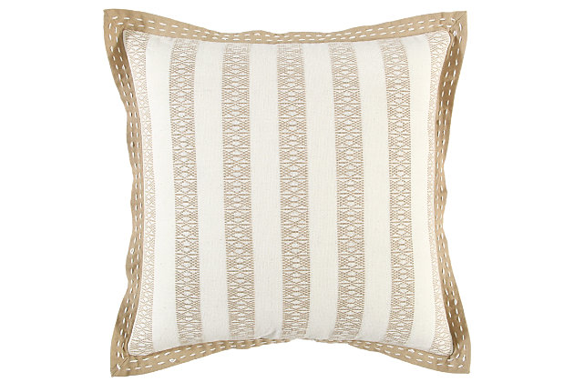  Print on a cotton texture gives this pillow visual dimension. The contrasting accent flange is cotton duck, folded and mitered in The four corners for an impeccably tailored look. Two rows of hand kantha stitches in that flange frame this pillow. a solid coordinating cotton back Features a hidden zipper closure for ease of fill and cleaning.Cotton | Mitered flange corners | Light texture | Accent kantha stitch on flange | Spot Clean Only | Brown | Polyfill | Imported