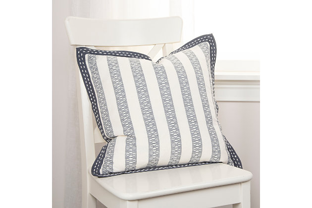 Print on a cotton texture gives this pillow visual dimension. The contrasting accent flange is cotton duck, folded and mitered in The four corners for an impeccably tailored look. Two rows of hand kantha stitches in that flange frame this pillow. a solid coordinating cotton back Features a hidden zipper closure for ease of fill and cleaning.Cotton | Mitered flange corners | Light texture | Accent kantha stitch on flange | Spot Clean Only | Gray | Polyfill | Imported
