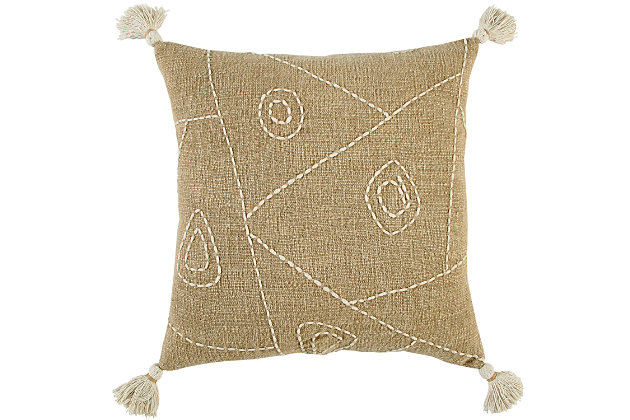 Accent kantha stitching on a soft cotton backing give this pillow the simplicity of an organic archiological find. Crafted in cotton and hand stitched, this knife edged pillow features four corner tassels. It also has a coordinating solid back which has a hidden zipper closure for ease of fill.Cotton | Knife edged | Four corner tassels | Accent kantha stitch on flange | Turn inside out to protect tassels. Machine wash separately in cold water,  tumble dry low, do not bleach. | Brown | Polyfill | Imported