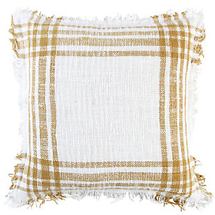 This woven pillow is textural and simplistically artisanal. Woven of white and yarn dyed colored yarns, this pillow has both a physical and visual texture. The color woven in gives this pillow a heathered appearance through most of the linear woven elements. at the intersection of the vertical and horizontal lines, the color is solid. A flange that evolves from the literal weaving gives this pillow the handcrafted touch its construction celebrates. This pillow features a solid cotton back with a hidden zipper closure. Cotton | Textured cotton slub base | Yarn dyed woven accent | Self fringed | Machine wash cold, gentle cycle,  tumble dry low, do not bleach | Gold | Polyfill | Imported