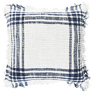 This woven pillow is textural and simplistically artisanal. Woven of white and yarn dyed colored yarns, this pillow has both a physical and visual texture. The color woven in gives this pillow a heathered appearance through most of the linear woven elements. at the intersection of the vertical and horizontal lines, the color is solid. A flange that evolves from the literal weaving gives this pillow the handcrafted touch its construction celebrates. This pillow features a solid cotton back with a hidden zipper closure. Cotton | Textured cotton slub base | Yarn dyed woven accent | Self fringed | Machine wash cold, gentle cycle,  tumble dry low, do not bleach | Blue | Polyfill | Imported