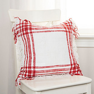 This woven pillow is textural and simplistically artisanal. Woven of white and yarn dyed colored yarns, this pillow has both a physical and visual texture. The color woven in gives this pillow a heathered appearance through most of the linear woven elements. at the intersection of the vertical and horizontal lines, the color is solid. A flange that evolves from the literal weaving gives this pillow the handcrafted touch its construction celebrates. This pillow features a solid cotton back with a hidden zipper closure. Cotton | Textured cotton slub base | Yarn dyed woven accent | Self fringed | Machine wash cold, gentle cycle,  tumble dry low, do not bleach | Red | Polyfill | Imported