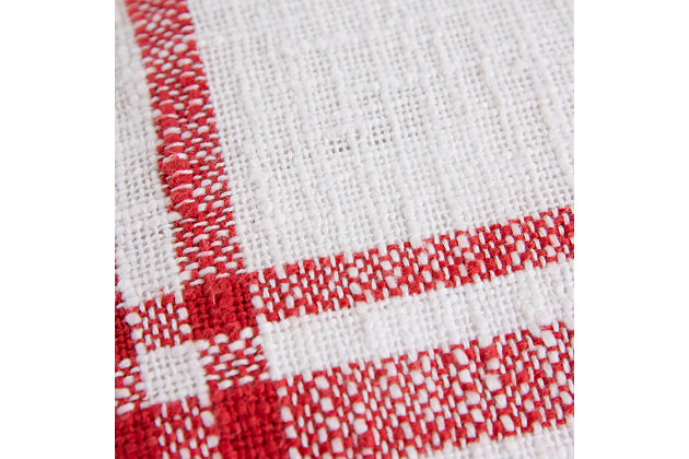 This woven pillow is textural and simplistically artisanal. Woven of white and yarn dyed colored yarns, this pillow has both a physical and visual texture. The color woven in gives this pillow a heathered appearance through most of the linear woven elements. at the intersection of the vertical and horizontal lines, the color is solid. A flange that evolves from the literal weaving gives this pillow the handcrafted touch its construction celebrates. This pillow features a solid cotton back with a hidden zipper closure. Cotton | Textured cotton slub base | Yarn dyed woven accent | Self fringed | Machine wash cold, gentle cycle,  tumble dry low, do not bleach | Red | Polyfill | Imported