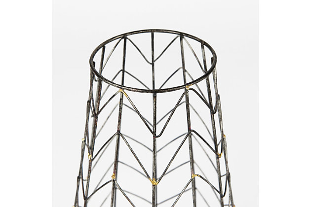 Crafted from metal and finished in an antiqued-gold tone, the Petiole is a stunning table candleholder that is sure to add a touch of elegance to your space. The cage that contains the candle is shaped roughly like a stemless wine glass and flaunts a chevron mesh pattern. The Petiole looks fabulous in spaces based on the Enduring Elegance, Mercana Modern and Industrial design styles. (Candles Not Included).The Petiole candle holder, measuring 8.3" long by 8.3" wide by 16.1" high, is a stylish piece that is sure to beautifully illuminate your space. | The Petiole, skillfully crafted from metal with a chevron mesh pattern, is a beautiful and unique addition to your space that is sure to stand the test of time. | The Petiole is finished in a  spectacular antiqued-gold tone, making it a stunning candle holder that is sure to turn heads. | Featuring a stunning design that flaunts clean lines and subtle curves, this candle holder makes for a gorgeous addition to spaces based on the modern, elegant, or industrial design style.