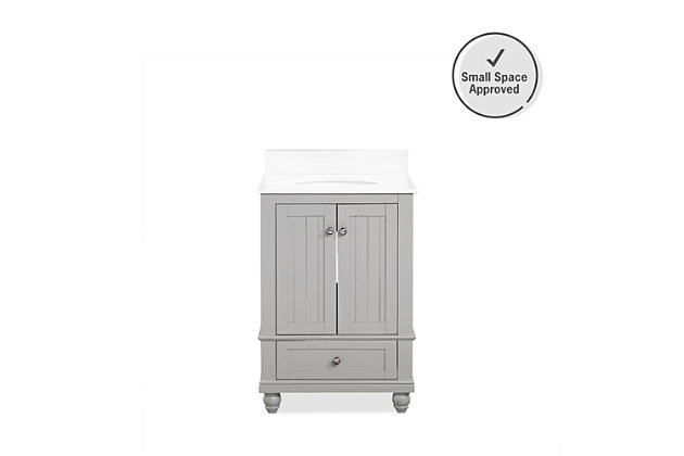 Crafted with sturdy wood, the Jazmyne Bathroom Vanity includes a composite granite counter top, cabinet doors, a useful storage drawer, and a back panel cut out for easy faucet / drain installation (sold separately). Available in multiple colors and sizes.Seaside coastal cottage inspired bathroom vanity that is perfect for your master bathroom, guest bathroom or powder room. | Crafted with solid wood, engineered wood and fine wood veneer. Finished with brushed stainless steel hardware, solid wood feet and solid wood drawers. Finished with multiple paint coats and lacquer coating for extra durability. Composite granite counter top is resilient, non-porous and easy to clean and maintain. Back panel cut-out for easy access to plumbing. | Product dimensions: 24”L x 22”W x 38.75”H. Net weight: 94.6 lbs. Shipping dimensions: 28”L x 26”W x 36”H. Gross weight: 114.4 lbs. | Crafted with wood, engineered wood and engineered veneer | Wood feet and storage drawer | Brushed stainless steel hardware | Lacquer coating for extra durability | Resilient countertop is non-porous, antibacterial and easy to clean and maintain | Back panel cutout for easy access to plumbing | Pre-drilled holes for 4" center set faucet installation | Faucet and drain sold separately | Assembly required