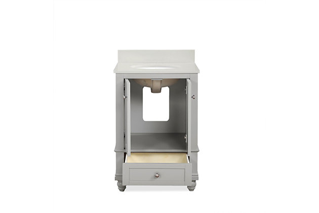 Crafted with sturdy wood, the Jazmyne Bathroom Vanity includes a composite granite counter top, cabinet doors, a useful storage drawer, and a back panel cut out for easy faucet / drain installation (sold separately). Available in multiple colors and sizes.Seaside coastal cottage inspired bathroom vanity that is perfect for your master bathroom, guest bathroom or powder room. | Crafted with solid wood, engineered wood and fine wood veneer. Finished with brushed stainless steel hardware, solid wood feet and solid wood drawers. Finished with multiple paint coats and lacquer coating for extra durability. Composite granite counter top is resilient, non-porous and easy to clean and maintain. Back panel cut-out for easy access to plumbing. | Product dimensions: 24”L x 22”W x 38.75”H. Net weight: 94.6 lbs. Shipping dimensions: 28”L x 26”W x 36”H. Gross weight: 114.4 lbs. | Crafted with wood, engineered wood and engineered veneer | Wood feet and storage drawer | Brushed stainless steel hardware | Lacquer coating for extra durability | Resilient countertop is non-porous, antibacterial and easy to clean and maintain | Back panel cutout for easy access to plumbing | Pre-drilled holes for 4" center set faucet installation | Faucet and drain sold separately | Assembly required