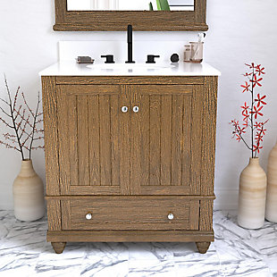 Crafted with sturdy wood, the coastal cottage-inspired Jazmyne bathroom vanity includes a composite granite countertop and backsplash, ceramic oval sink and storage drawer. It's perfect for your master bathroom, guest bathroom or powder room.Includes vanity and sink | Composite granite top and backsplash | Ceramic oval drop-in sink | Crafted with wood, engineered wood and engineered veneer | Wood feet and storage drawer | Brushed stainless steel hardware | Lacquer coating for extra durability | Resilient countertop is non-porous, antibacterial and easy to clean and maintain | Back panel cutout for easy access to plumbing | Pre-drilled holes for 8" widespread faucet installation | Faucet and drain sold separately | Assembly required
