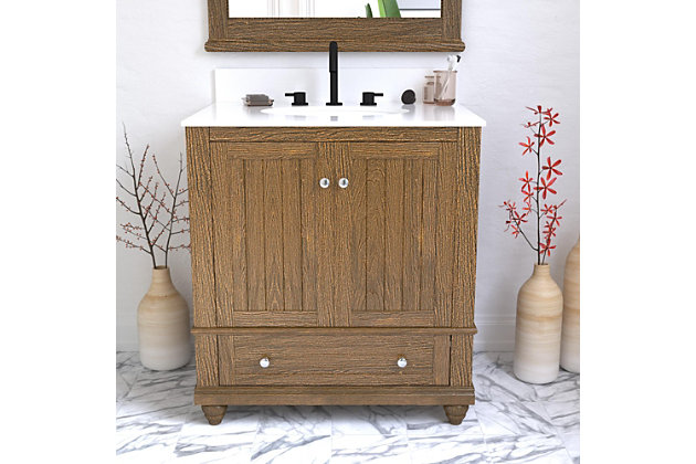 Crafted with sturdy wood, the coastal cottage-inspired Jazmyne bathroom vanity includes a composite granite countertop and backsplash, ceramic oval sink and storage drawer. It's perfect for your master bathroom, guest bathroom or powder room.Includes vanity and sink | Composite granite top and backsplash | Ceramic oval drop-in sink | Crafted with wood, engineered wood and engineered veneer | Wood feet and storage drawer | Brushed stainless steel hardware | Lacquer coating for extra durability | Resilient countertop is non-porous, antibacterial and easy to clean and maintain | Back panel cutout for easy access to plumbing | Pre-drilled holes for 8" widespread faucet installation | Faucet and drain sold separately | Assembly required