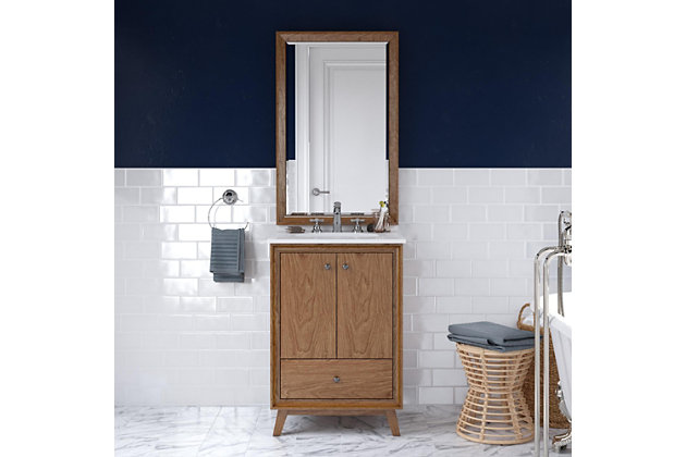 Crafted in the mid-century modern style with a robust wood base, the Delias bathroom vanity features slanted wood feet, a convenient storage drawer, ceramic sink and durable composite granite countertop and backsplash. It's perfect for your master bathroom, guest bathroom or powder room.Includes vanity and sink | Composite granite top and backsplash | Ceramic oval drop-in sink | Crafted with pine, engineered wood and engineered veneer | Wood feet and storage drawer | Semi-matte black hardware | Lacquer coating for extra durability | Resilient countertop is non-porous, antibacterial and easy to clean and maintain | Back panel cutout for easy access to plumbing | Pre-drilled holes for 4" center set faucet installation | Faucet and drain sold separately | Assembly required