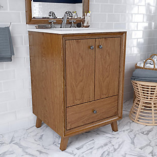Crafted in the mid-century modern style with a robust wood base, the Delias bathroom vanity features slanted wood feet, a convenient storage drawer, ceramic sink and durable composite granite countertop and backsplash. It's perfect for your master bathroom, guest bathroom or powder room.Includes vanity and sink | Composite granite top and backsplash | Ceramic oval drop-in sink | Crafted with pine, engineered wood and engineered veneer | Wood feet and storage drawer | Semi-matte black hardware | Lacquer coating for extra durability | Resilient countertop is non-porous, antibacterial and easy to clean and maintain | Back panel cutout for easy access to plumbing | Pre-drilled holes for 4" center set faucet installation | Faucet and drain sold separately | Assembly required