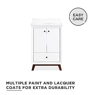 Crafted in the mid-century modern style with a robust wood base, the Delias bathroom vanity features slanted wood feet, a convenient storage drawer, ceramic sink and durable composite Carrara marble countertop and backsplash. It's perfect for your master bathroom, guest bathroom or powder room.Includes vanity and sink | Composite Carrara marble top and backsplash | Ceramic oval drop-in sink | Crafted with pine, engineered wood and engineered veneer | Wood feet and storage drawer | Semi-matte black hardware | Lacquer coating for extra durability | Resilient countertop is non-porous, antibacterial and easy to clean and maintain | Back panel cutout for easy access to plumbing | Pre-drilled holes for 4" center set faucet installation | Faucet and drain sold separately | Assembly required