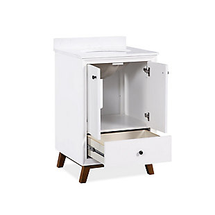 Crafted in the mid-century modern style with a robust wood base, the Delias bathroom vanity features slanted wood feet, a convenient storage drawer, ceramic sink and durable composite Carrara marble countertop and backsplash. It's perfect for your master bathroom, guest bathroom or powder room.Includes vanity and sink | Composite Carrara marble top and backsplash | Ceramic oval drop-in sink | Crafted with pine, engineered wood and engineered veneer | Wood feet and storage drawer | Semi-matte black hardware | Lacquer coating for extra durability | Resilient countertop is non-porous, antibacterial and easy to clean and maintain | Back panel cutout for easy access to plumbing | Pre-drilled holes for 4" center set faucet installation | Faucet and drain sold separately | Assembly required