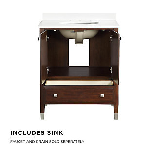 The casual style of the Brinley bathroom vanity is perfect for any master bathroom, guest bathroom or powder room. Metal decorated feet, a solid wood drawer and a resilient composite granite countertop and backsplash lend a laid-back touch to this vanity sink set.Includes vanity and sink | Composite granite top and backsplash | Ceramic oval drop-in sink | Crafted with pine, engineered wood and engineered veneer | Wood storage drawer | Brushed stainless steel hardware | Resilient countertop is non-porous, antibacterial and easy to clean and maintain | Back panel cutout for easy access to plumbing | Pre-drilled holes for 8" center set faucet installation | Faucet and drain sold separately | Assembly required