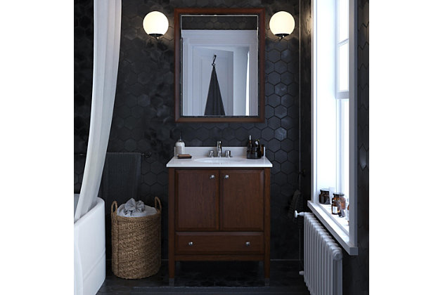 The casual style of the Brinley bathroom vanity is perfect for any master bathroom, guest bathroom or powder room. Metal decorated feet, a solid wood drawer and a resilient composite granite countertop and backsplash lend a laid-back touch to this vanity sink set.Includes vanity and sink | Composite granite top and backsplash | Ceramic oval drop-in sink | Crafted with pine, engineered wood and engineered veneer | Wood storage drawer | Brushed stainless steel hardware | Resilient countertop is non-porous, antibacterial and easy to clean and maintain | Back panel cutout for easy access to plumbing | Pre-drilled holes for 8" center set faucet installation | Faucet and drain sold separately | Assembly required