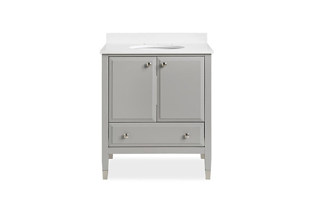 The wood designed Brinley Bathroom Vanity is comprised of a resilient composite granite countertop and backsplash, a ceramic oval sink, 1 useful drawer, and pre-drilled holes for an easy faucet install (sold separately). Available in many colors and sizes.Casual contemporary modern style inspired bathroom vanity that is perfect for your master bathroom, guest bathroom or powder room. | Crafted with solid wood, engineered wood and fine wood veneer. Finished with brushed stainless steel hardware, metal decorated feet and solid wood drawers. Finished with multiple paint coats for the white and gray colors and lacquer coating for extra durability (except for wood veneers). Composite granite counter top is resilient, non-porous and easy to clean and maintain. Back panel cut-out for easy access to plumbing. | Product dimensions: 24”L x 22”W x 37.75”H. Net weight: 99 lbs. Shipping dimensions: 41”L x 27”W x 25”H. Gross weight: 112 lbs. | Crafted with pine, engineered wood and engineered veneer | Wood storage drawer | Brushed stainless steel hardware | Lacquer coating for extra durability, except for engineered veneers | Resilient countertop is non-porous, antibacterial and easy to clean and maintain | Back panel cutout for easy access to plumbing | Pre-drilled holes for 8" center set faucet installation | Faucet and drain sold separately | Assembly required