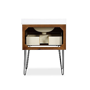 The mid-century modern-inspired Agnes floating bathroom vanity with sink is perfect for your master bathroom, guest bathroom or powder room. It features optional metal hairpin legs, wood drawers, a composite granite countertop/backsplash and a ceramic rectangular sink.Includes vanity and sink | Composite granite top and backsplash; vanity floating must be mounted to the wall with optional metal hairpin legs | Ceramic, rectangular integrated sink | Crafted with pine, engineered wood and engineered veneer | Includes 1 wood storage drawer and 1 faux drawer | Semi-matte black hardware | Resilient countertop is non-porous, antibacterial and easy to clean and maintain | Lacquer coating for extra durability | Back panel cutout for easy access to plumbing | Pre-drilled holes for 8" center set faucet installation | Faucet and drain sold separately | Assembly required
