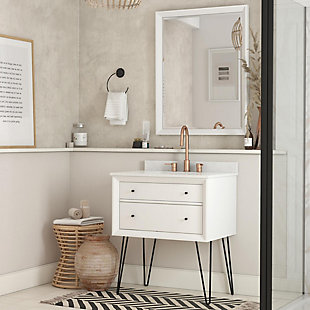 The wood based Agnes Bathroom Vanity features optional metal hairpin legs, 1 working drawer, a ceramic sink, and a composite granite countertop / backsplash with pre-drilled holes for faucet setup (sold separately). In a variety of colors and sizes.Midcentury modern style inspired bathroom vanity that is perfect for your master bathroom, guest bathroom or powder room. | Crafted with solid wood, engineered wood and fine wood veneer. Finished with semi matte black hardware and solid wood drawers. Vanity must be mounted to the wall with optional metal hairpin legs. Finished with multiple paint coats for the white and gray color and lacquer coating for extra durability (except wood veneers). Composite granite counter top is resilient, non-porous and easy to clean and maintain. The Chocolate Spice vanity has a composite white top and the white/gray versions have a composite Carrera top. Back panel cut-out for easy access to plumbing. | Product dimensions: 24”L x 21”W x 37.75”H. Net weight: 72.6 lbs. Shipping dimensions: 28”L x 24.5”W x 24”H. Gross weight: 93.5 lbs. | Crafted with pine, engineered wood and engineered veneer | Includes 1 wood storage drawer and 1 faux drawer | Semi-matte black hardware | Resilient countertop is non-porous, antibacterial and easy to clean and maintain | Lacquer coating for extra durability, except for engineered veneers | Back panel cutout for easy access to plumbing | Pre-drilled holes for 8" center set faucet installation | Faucet and drain sold separately | Assembly required