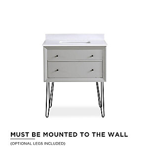 The mid-century modern-inspired Agnes floating bathroom vanity with sink is perfect for your master bathroom, guest bathroom or powder room. It features optional metal hairpin legs, wood drawers, a composite granite countertop/backsplash and a ceramic rectangular sink.Includes vanity and sink | Composite Carrara marble top and backsplash; floating vanity must be mounted to the wall with optional metal hairpin legs | Ceramic, rectangular integrated sink | Crafted with pine, engineered wood and engineered veneer | Includes 1 wood storage drawer and 1 faux drawer | Semi-matte black hardware | Resilient countertop is non-porous, antibacterial and easy to clean and maintain | Lacquer coating for extra durability, except for engineered veneers | Back panel cutout for easy access to plumbing | Pre-drilled holes for 8" center set faucet installation | Faucet and drain sold separately | Assembly required