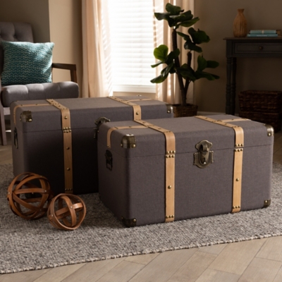 Baxton Studio Stephen 2-Piece Fabric Upholstered and Oak Brown Finish Storage Trunk Set, Dark Brown