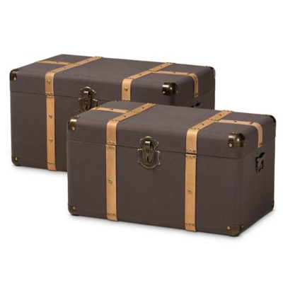 Baxton Studio Stephen 2-Piece Fabric Upholstered and Oak Brown Finish Storage Trunk Set, , large