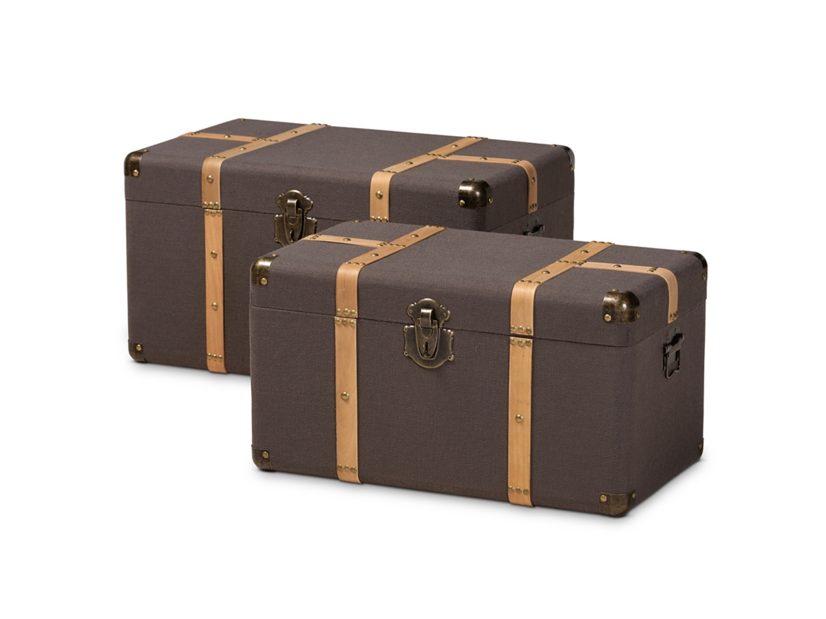 Baxton Studio Stephen 2 Piece Fabric Upholstered and Oak Brown Finish Storage Trunk Set