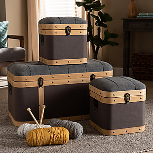 Baxton Studio Clarence 3-Piece Fabric Upholstered Oak Brown Finish Storage Ottoman Trunk Set, , rollover