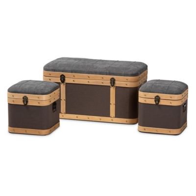 Baxton Studio Clarence 3-Piece Fabric Upholstered Oak Brown Finish Storage Ottoman Trunk Set, , large