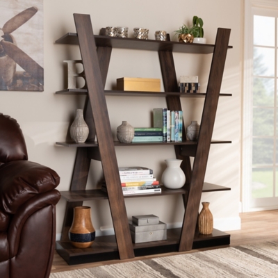 Baxton Studio Michio 5-Tier Walnut Brown Finish Wood Geometric Living Room Display Shelf Set, , large