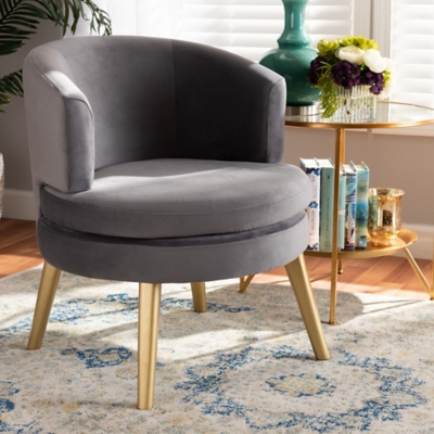 Baxton Studio Baptiste Luxe Velvet Fabric Upholstered and Gold Finish Wood Accent Chair, Gray/Gold, rollover