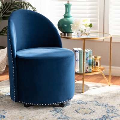 Baxton Studio Bethel Luxe Navy Velvet Fabric Upholstered Rolling Accent Chair, Blue/Black, rollover