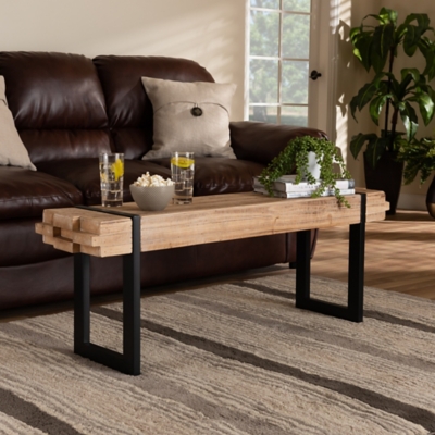 Baxton Studio Henson Natural Brown Finish Wood and Black Finish Metal Bench, , rollover