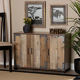 Combining elements of both industrial and farmhouse design, the Cyrille shoe cabinet is a unique addition to any entryway. This shoe cabinet features a rustic finish, giving the piece a cozy, traditional feel. Six shelves provide space to store up to 12 pairs of shoes. Antiqued silvertone corner brackets accentuated with studs lend an industrial touch, while long handles and block feet convey contemporary style.Made of engineered wood, metal, and PVC | Rustic brown finish | Six shelves provide storage space for 12 pairs of shoes | Metallic corner brackets with studs | Assembly required